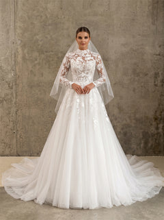 Modest High Neck Lace Tulle Wedding Dress Long Sleeve Sheer Back Pearl Button Full A Line Formal Bridal Dress