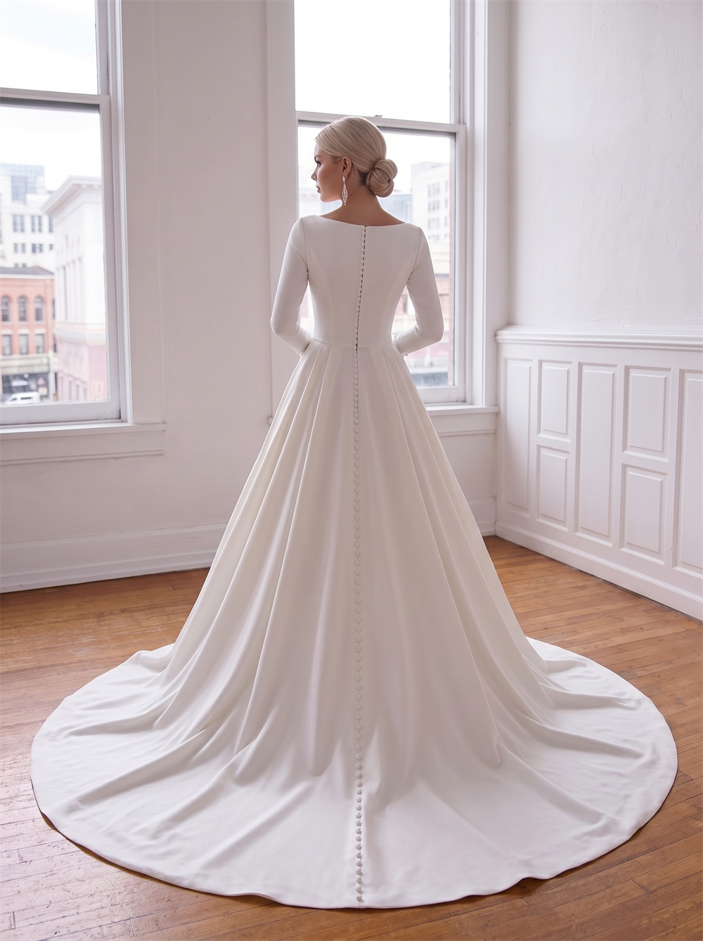 Bateau Neck Long Sleeve Satin Ball Gown Wedding Dress Full Button Back Voluminous Minimalist Bridal Gown