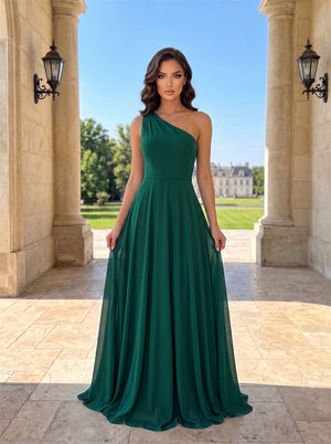 One Shoulder Chiffon Bridesmaid Dress Solid A-Line Floor Length Hidden Back Zipper Emerald Green Formal Wedding Guest Evening Gown