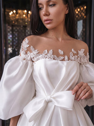 Off Shoulder Puff Sleeve Lace Illusion Back Pearl Button Bow A Line Satin Wedding Dress Bridal Dress