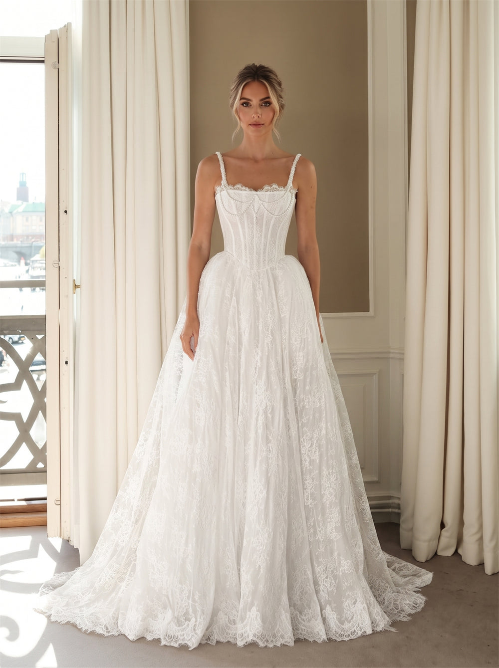 Wedding Dress Beaded Thin Spaghetti Strap Sweetheart Lace Up Back Full Eyelash Lace Floor Length Sweep Train Princess Bridal Gown
