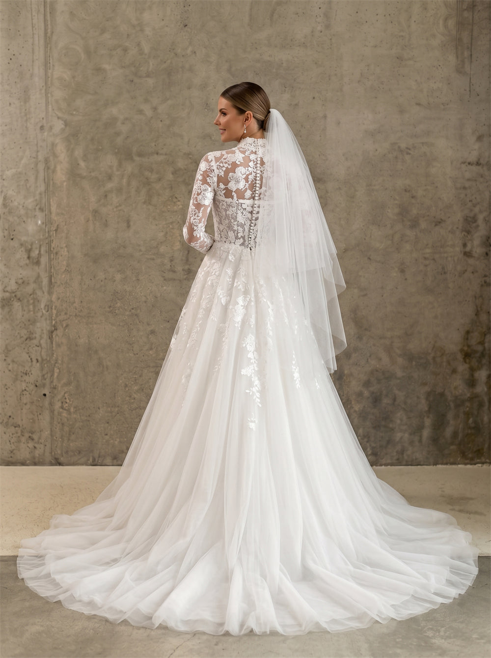 Modest High Neck Lace Tulle Wedding Dress Long Sleeve Sheer Back Pearl Button Full A Line Formal Bridal Dress