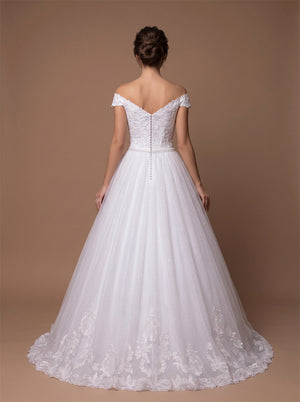 Off Shoulder Glitter Tulle Wedding Dress Lace Bodice Pearl Waistband A Line Long Train Bridal Dress