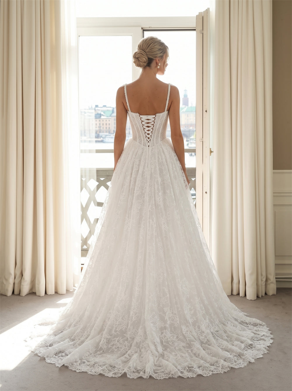 Wedding Dress Beaded Thin Spaghetti Strap Sweetheart Lace Up Back Full Eyelash Lace Floor Length Sweep Train Princess Bridal Gown
