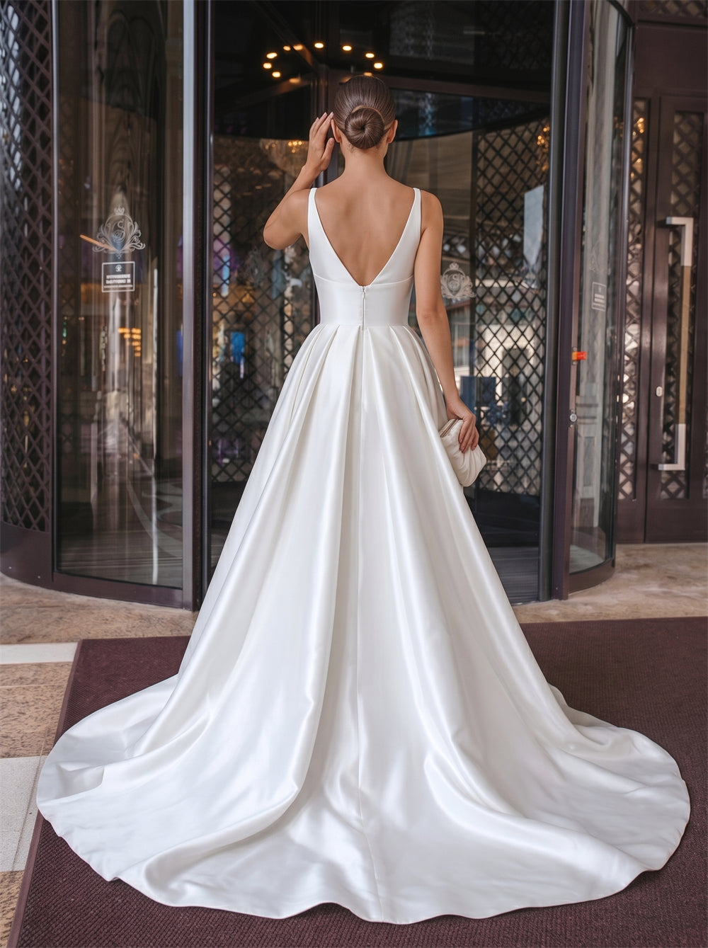 Spaghetti Strap Deep V Satin Wedding Dress Ruched High Slit A Line Deep V Back Elegant Formal Bridal Dress