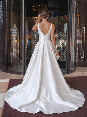 Spaghetti Strap Deep V Satin Wedding Dress Ruched High Slit A Line Deep V Back Elegant Formal Bridal Dress