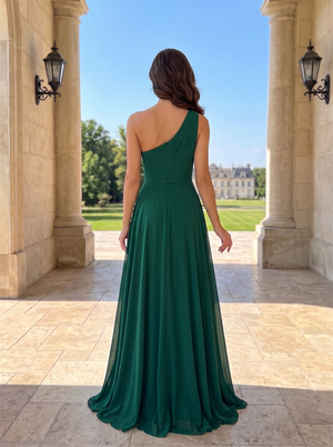One Shoulder Chiffon Bridesmaid Dress Solid A-Line Floor Length Hidden Back Zipper Emerald Green Formal Wedding Guest Evening Gown