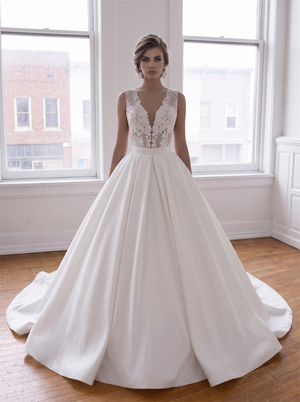 Grid Lace Spaghetti Strap Satin Ball Gown Wedding Dress With Pearl Button Back & Waist Sash