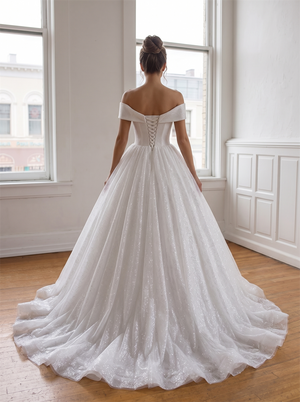 Off The Shoulder Sweetheart Glitter Tulle Ball Gown Wedding Dress Corset Lace Up Back Voluminous Bridal Gown