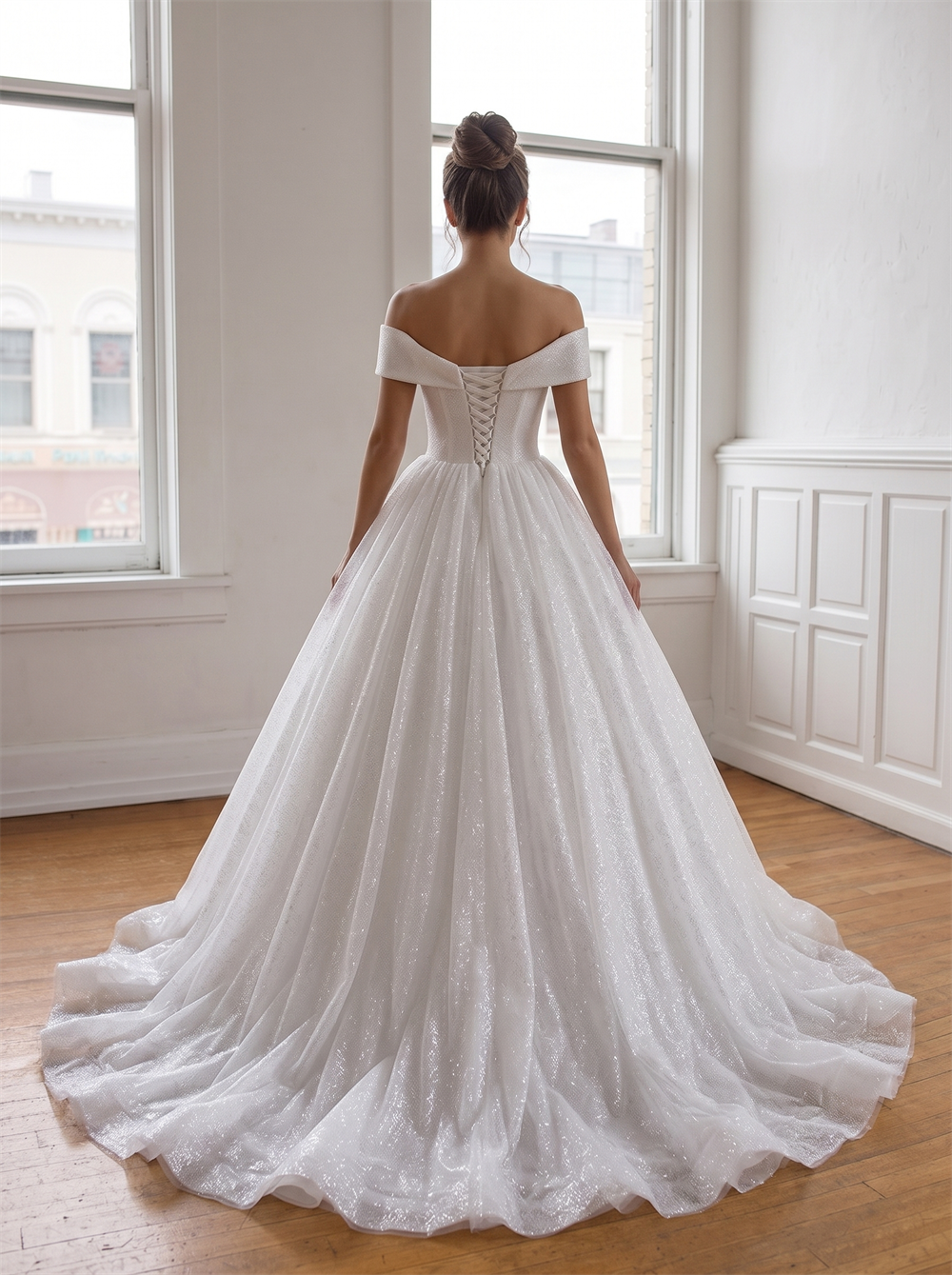 Off The Shoulder Sweetheart Glitter Tulle Ball Gown Wedding Dress Corset Lace Up Back Voluminous Bridal Gown
