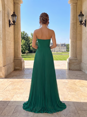 Strapless Tube Top Pleated Chiffon Bridesmaid Dress A-Line Floor Length Hidden Back Zipper Emerald Green Formal Wedding Guest Evening Gown