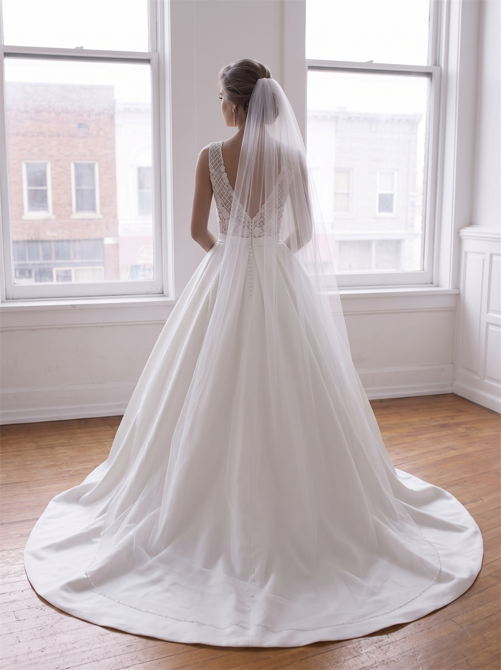 Grid Lace Spaghetti Strap Satin Ball Gown Wedding Dress With Pearl Button Back & Waist Sash