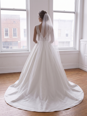 Grid Lace Spaghetti Strap Satin Ball Gown Wedding Dress With Pearl Button Back & Waist Sash