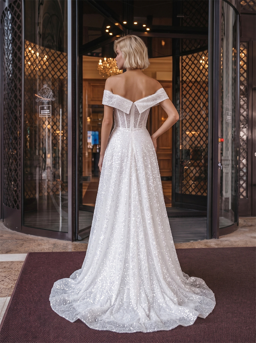 Off Shoulder Twist Corset Zipper Back Glitter Tulle A Line Wedding Dress Bridal Dress