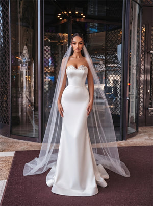 Strapless Beaded Satin 2 In 1 Wedding Dress Corset Lace Up Back Removable Overskirt Mermaid A Line Formal Bridal Dress