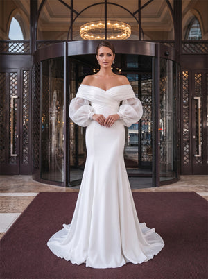 Off Shoulder Puff Sleeve Pearl Button Mermaid Satin Wedding Dress Bridal Dress