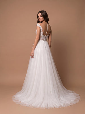 Cap Sleeve Illusion Lace Tulle Wedding Dress Deep V Sheer Back Pearl Button A Line Long Train Bridal Dress