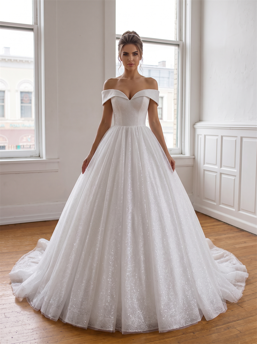 Off The Shoulder Sweetheart Glitter Tulle Ball Gown Wedding Dress Corset Lace Up Back Voluminous Bridal Gown
