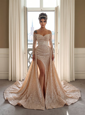 Prom Dress Off Shoulder Sweetheart Ruched Mermaid Inner Skirt Detachable Overskirt Champagne Glitter Sequin Floor Length Formal Gown