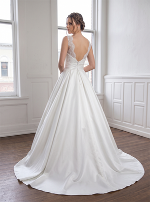 V Neck Lace Spaghetti Strap Satin Wedding Dress With Detachable Waist Sash Pearl Button Back Ball Gown