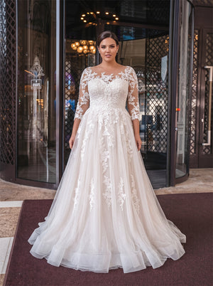 Illusion Neck Three Quarter Sleeve Cutout Back Floral Lace Glitter Tulle Plus Size Wedding Dress Bridal Dress