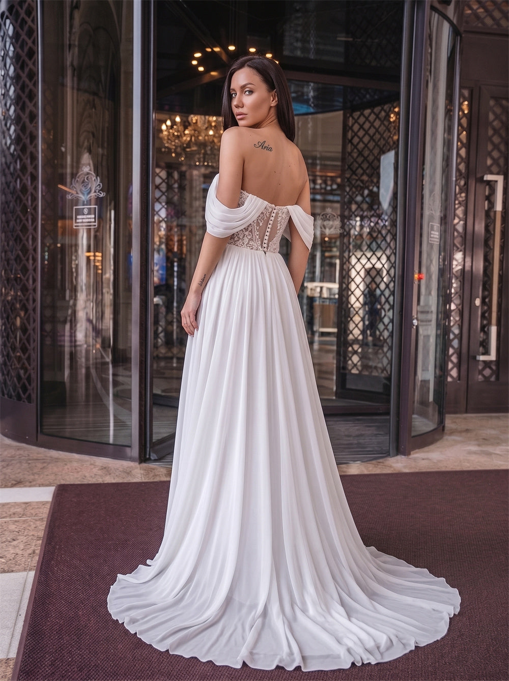 Off Shoulder Lace Inset Pearl Button Chiffon A Line Wedding Dress Bridal Dress