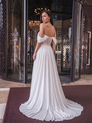 Off Shoulder Lace Inset Pearl Button Chiffon A Line Wedding Dress Bridal Dress