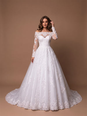 Off Shoulder Long Lace Sleeve Tulle Wedding Dress Floral Lace Applique Illusion Back Pearl Button Ball Gown Long Train Bridal Dress