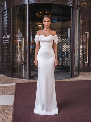 Off-The-Shoulder Bow Satin Convertible Wedding Dress Corset Lace Up Back Removable Overskirt High Slit Formal Bridal Dress