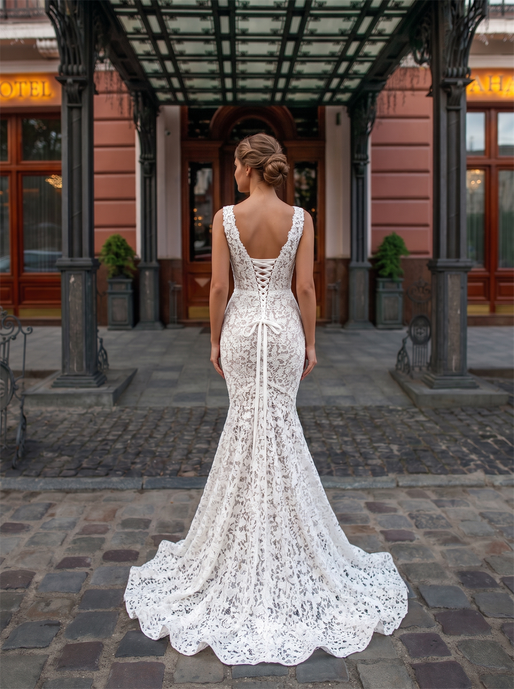 Sleeveless Deep V Floral Lace Mermaid Wedding Dress Low Back Ribbon Lace-Up Corset Bridal Gown