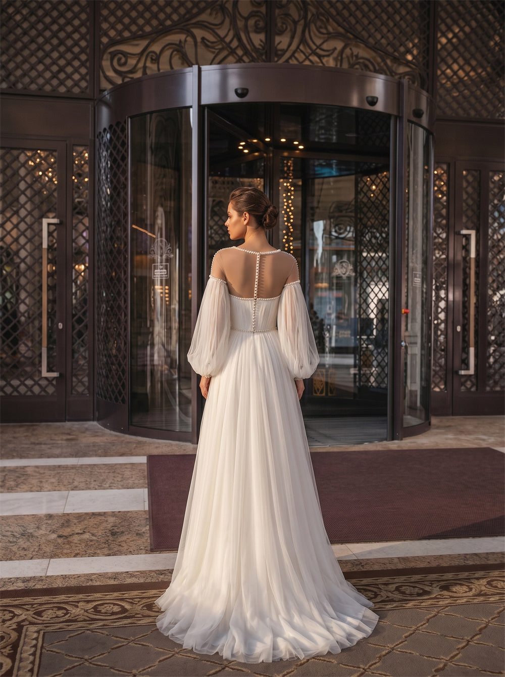 Illusion High Neck Puff Sleeve Pearl Button Tulle A Line Wedding Dress Bridal Dress
