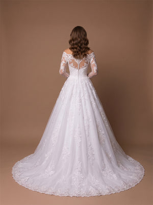 Off Shoulder Long Lace Sleeve Tulle Wedding Dress Floral Lace Applique Illusion Back Pearl Button Ball Gown Long Train Bridal Dress