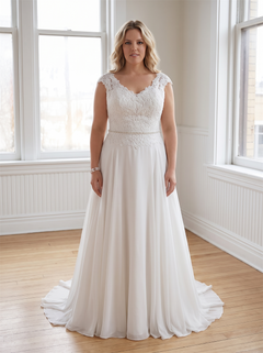 Plus Size Cap Sleeve Lace Chiffon Wedding Dress V Neck Illusion Low Back Rhinestone Waist Sash A Line Bridal Gown