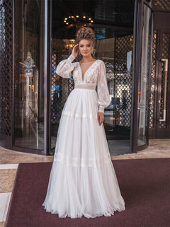 Long Puff Sleeve Lace Tulle Wedding Dress Deep V Tiered Skirt Low V Back Lace Trim Casual Boho Formal Bridal Dress