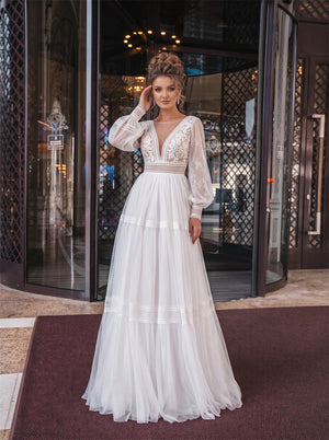 Long Puff Sleeve Lace Tulle Wedding Dress Deep V Tiered Skirt Low V Back Lace Trim Casual Boho Formal Bridal Dress