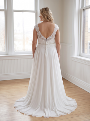 Plus Size Cap Sleeve Lace Chiffon Wedding Dress V Neck Illusion Low Back Rhinestone Waist Sash A Line Bridal Gown