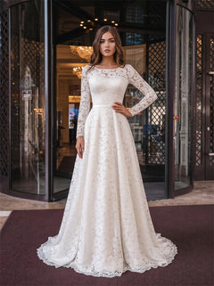 Round Neck Long Sleeve Pearl Button Sash Bow Lace A Line Wedding Dress Bridal Dress