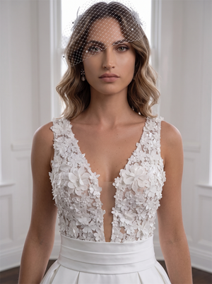 V Neck Lace Spaghetti Strap Satin Wedding Dress Detachable Waist Sash Pearl Button Back Ball Gown