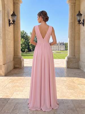 Sleeveless Double V Neck Chiffon Bridesmaid Dress Ruched Empire Waist High Slit Hidden Back Zipper Dusty Blush Pink Formal Wedding Guest Evening Gown