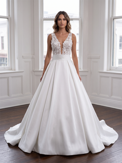 V Neck Lace Spaghetti Strap Satin Wedding Dress Detachable Waist Sash Pearl Button Back Ball Gown