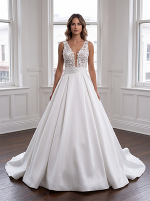 V Neck Lace Spaghetti Strap Satin Wedding Dress Detachable Waist Sash Pearl Button Back Ball Gown