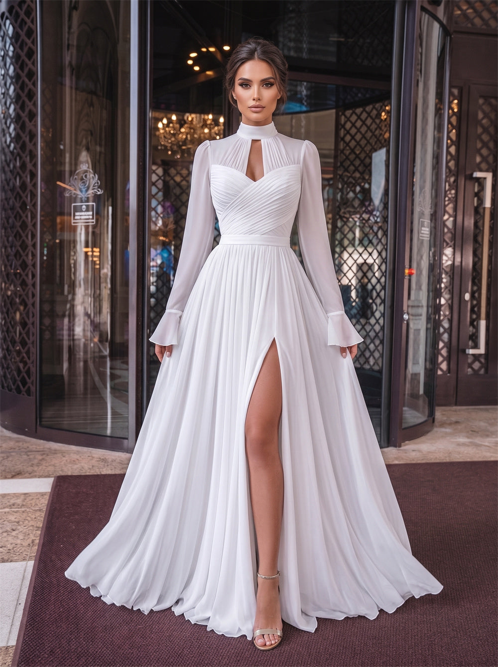 High Neck Keyhole Long Sleeve High Slit Zipper Back Chiffon A Line Wedding Dress Bridal Dress