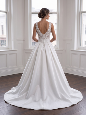 V Neck Lace Spaghetti Strap Satin Wedding Dress Detachable Waist Sash Pearl Button Back Ball Gown