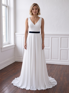 Deep V Sleeveless Chiffon A Line Wedding Dress Detachable Navy Velvet Waist Sash Low Back Simple Minimalist Bridal Gown
