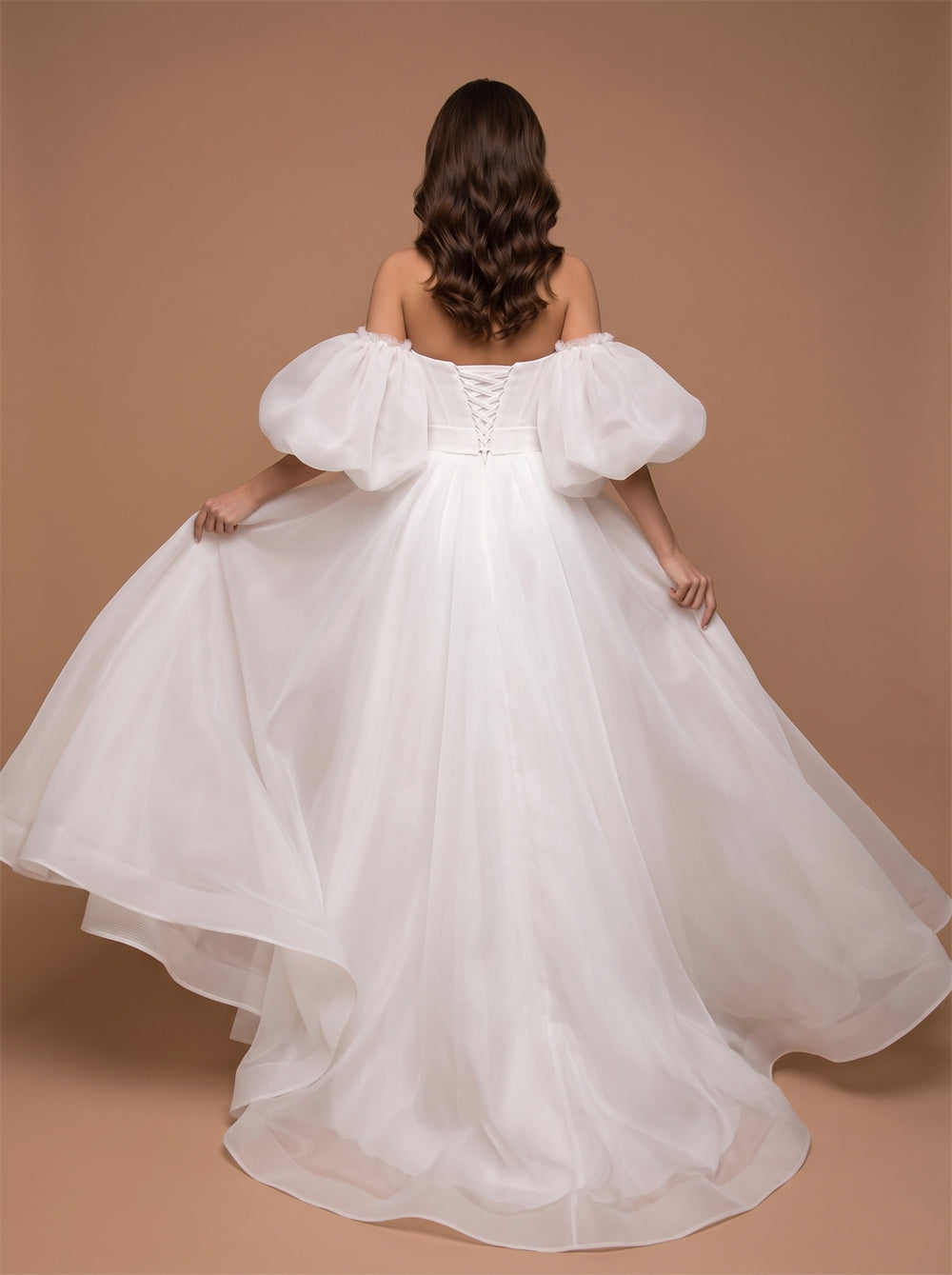 Off Shoulder Puff Sleeve Organza Wedding Dress Sweetheart Corset Back A Line Floor Length Bridal Dress