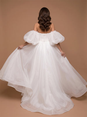 Off Shoulder Puff Sleeve Organza Wedding Dress Sweetheart Corset Back A Line Floor Length Bridal Dress