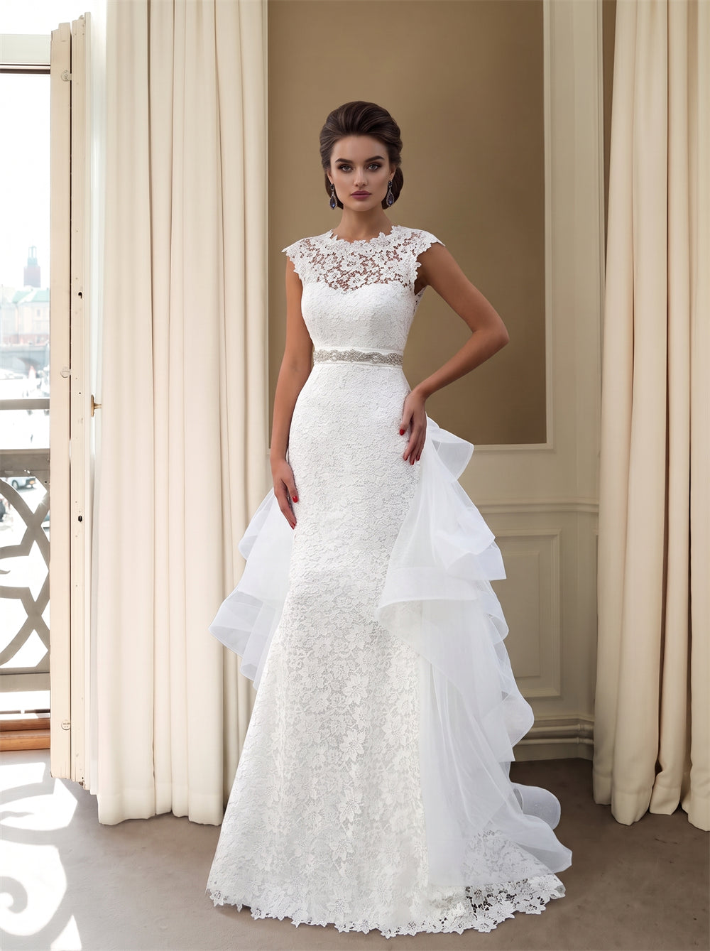 Wedding Dress All Over Lace Mermaid Wedding Dress With Detachable Tiered Ruffle Tulle Overskirt & Back Bow