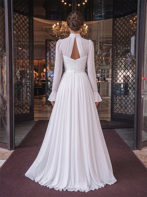 High Neck Keyhole Long Sleeve High Slit Zipper Back Chiffon A Line Wedding Dress Bridal Dress