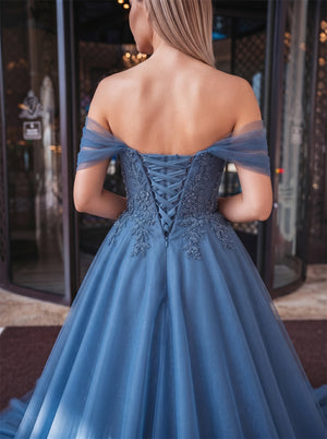 Off-The-Shoulder Dusty Blue Tulle Ball Gown Beaded Floral Lace Corset Lace Up Back Formal Evening Dress