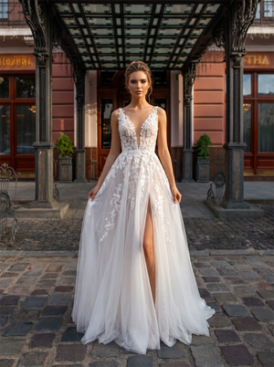 Spaghetti Strap Deep V 3D Floral Lace Slit Glitter Tulle A Line Wedding Dress Low V Back Bridal Gown